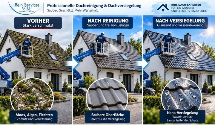 Beispielhafte Darstellung mit grauem Dach, Haus, Steiger und Mitarbeiter: vorher, nach Reinigung und nach Versiegelung