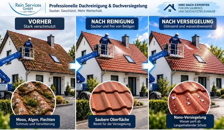 Beispielhafte Darstellung mit rötlichem Dach, Haus, Steiger und Mitarbeiter: vorher, nach Reinigung und nach Versiegelung